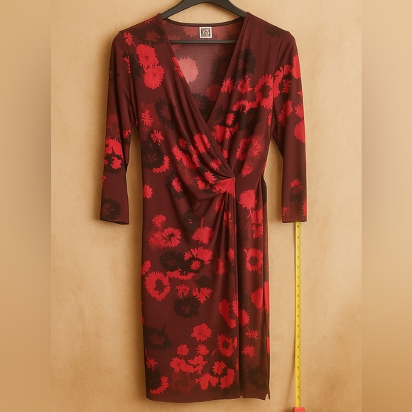 Anne Klein Red and Black Floral Long Sleeve Dress - Picture 4 of 6